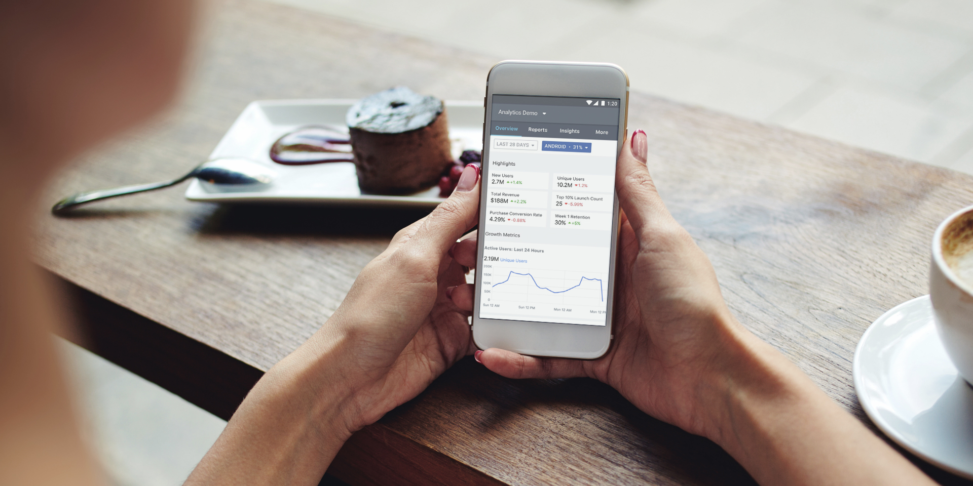 woman looking at facebook analytics in coffee shop