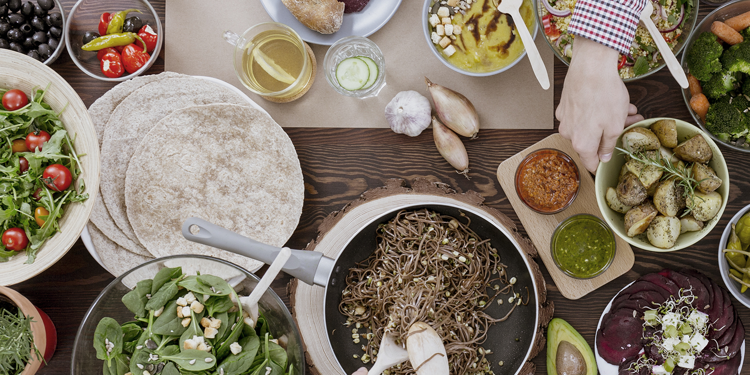 Table with healthy vegetarian foods