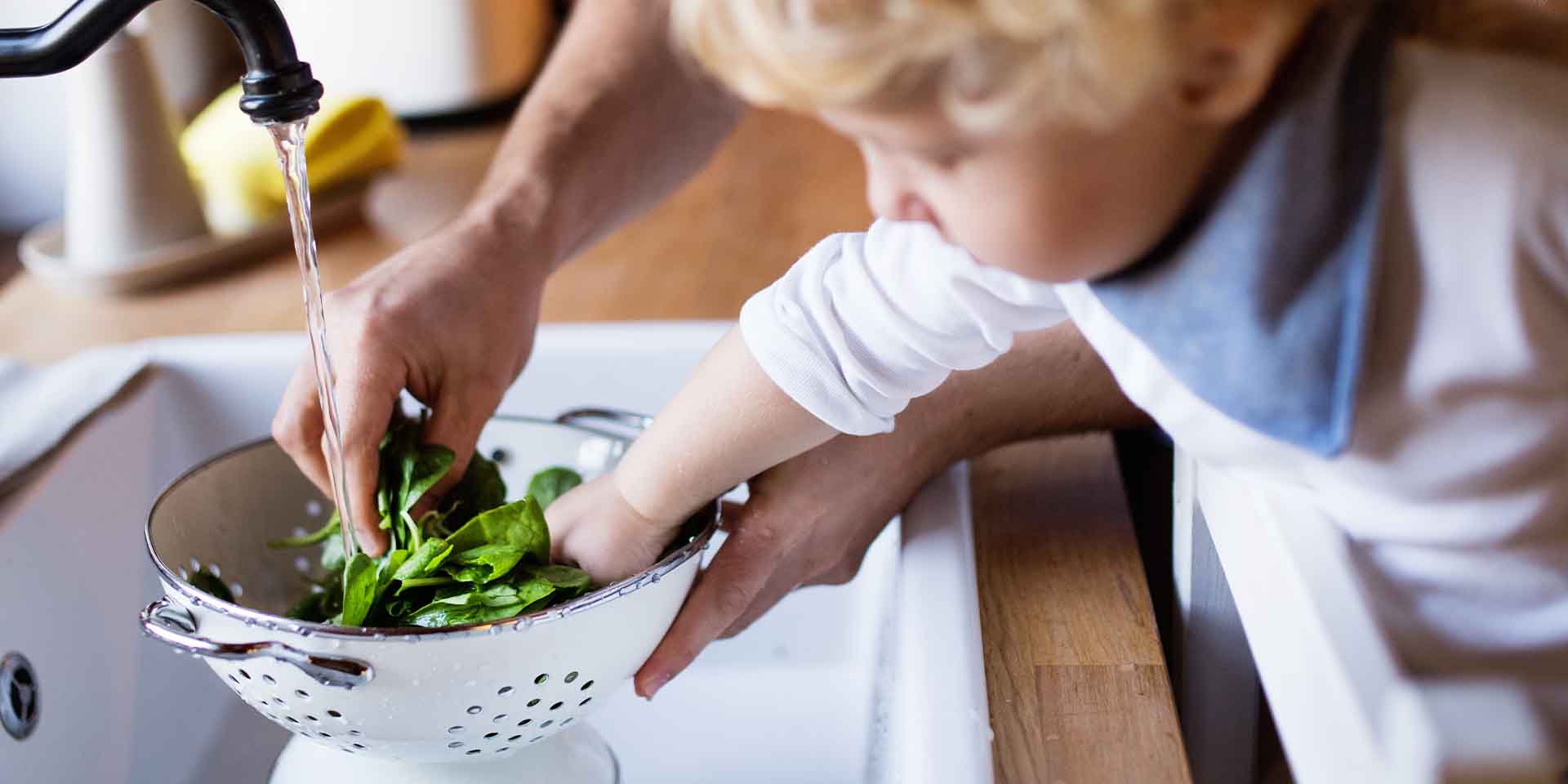 Father and son washing spinach leaves in a kitchen sink