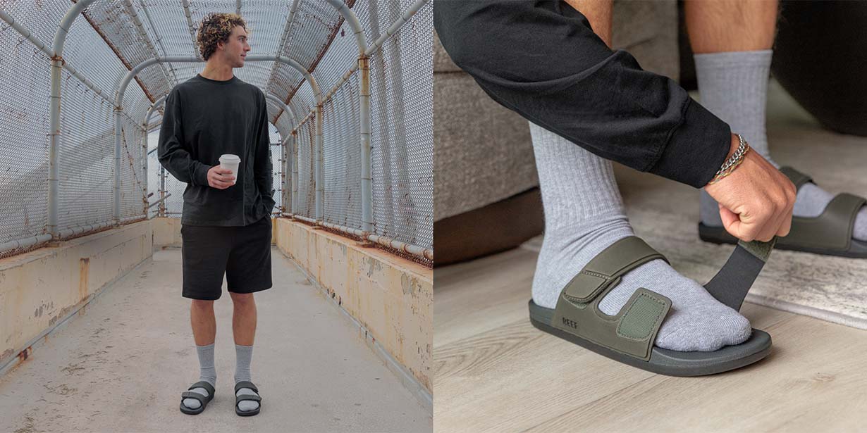 Side-by-side photos of a man wearing green Reef sandals