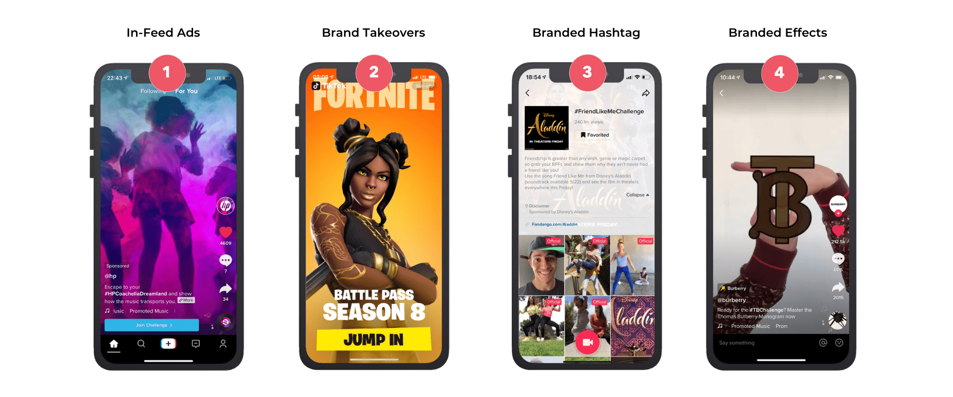 Examples of in-feed, brand takeover, branded hashtag, and branded effect ads